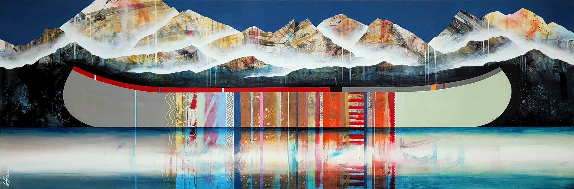 Tu me fais rire, original mixed media canoe painting by Canadian artist Sylvain Leblanc at Effusion Art Gallery in Invermere, BC.