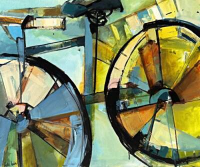Anyway Bike, original acrylic bike painting by Canadian artist Katie Lois at Effusion Art Gallery in Invermere, BC.