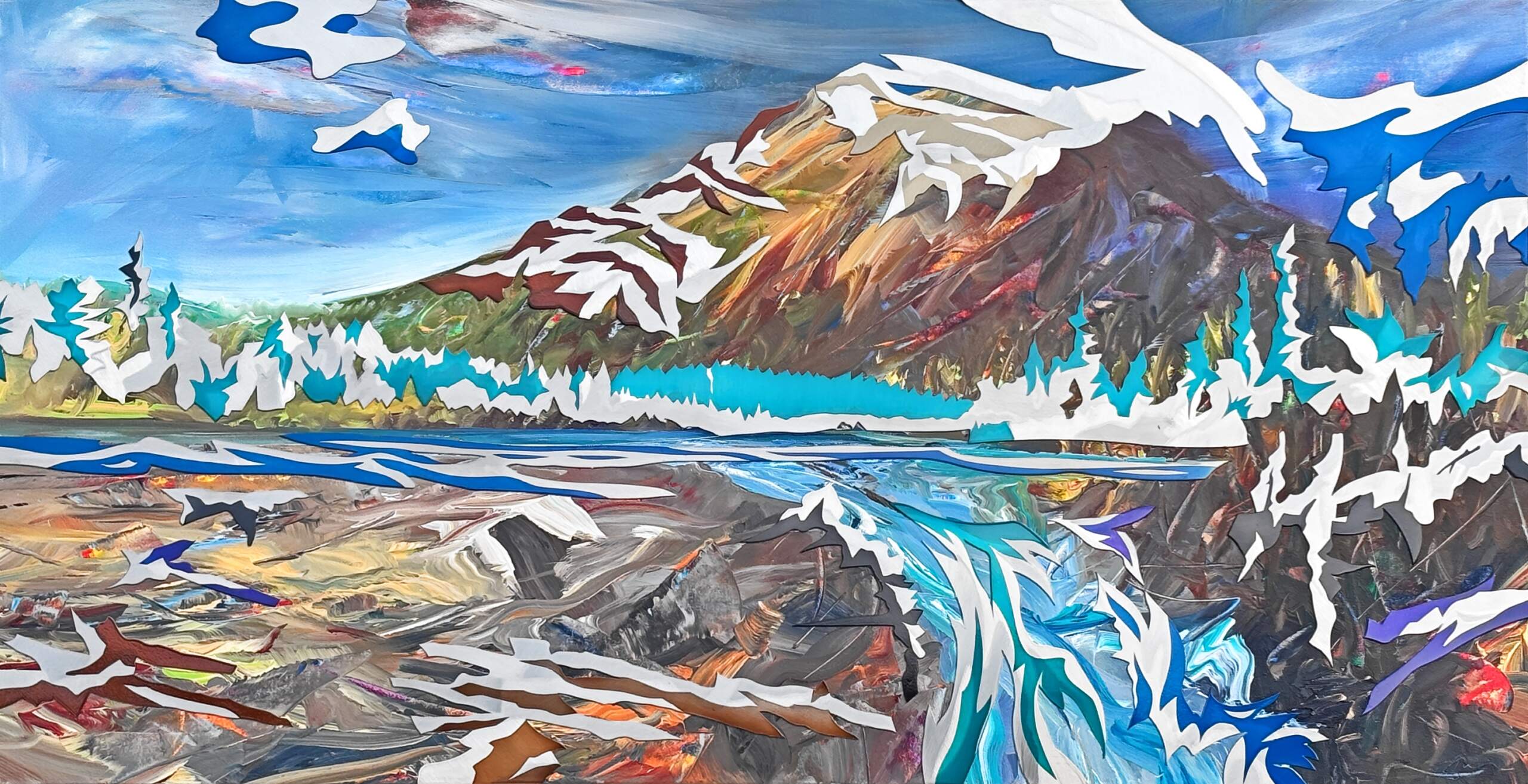 Midsummer Dream, original mixed media landscape painting of Athabasca Falls with stainless steel overlay by Canadian artist Joel Masewich at Effusion Art Gallery in Invermere, BC.