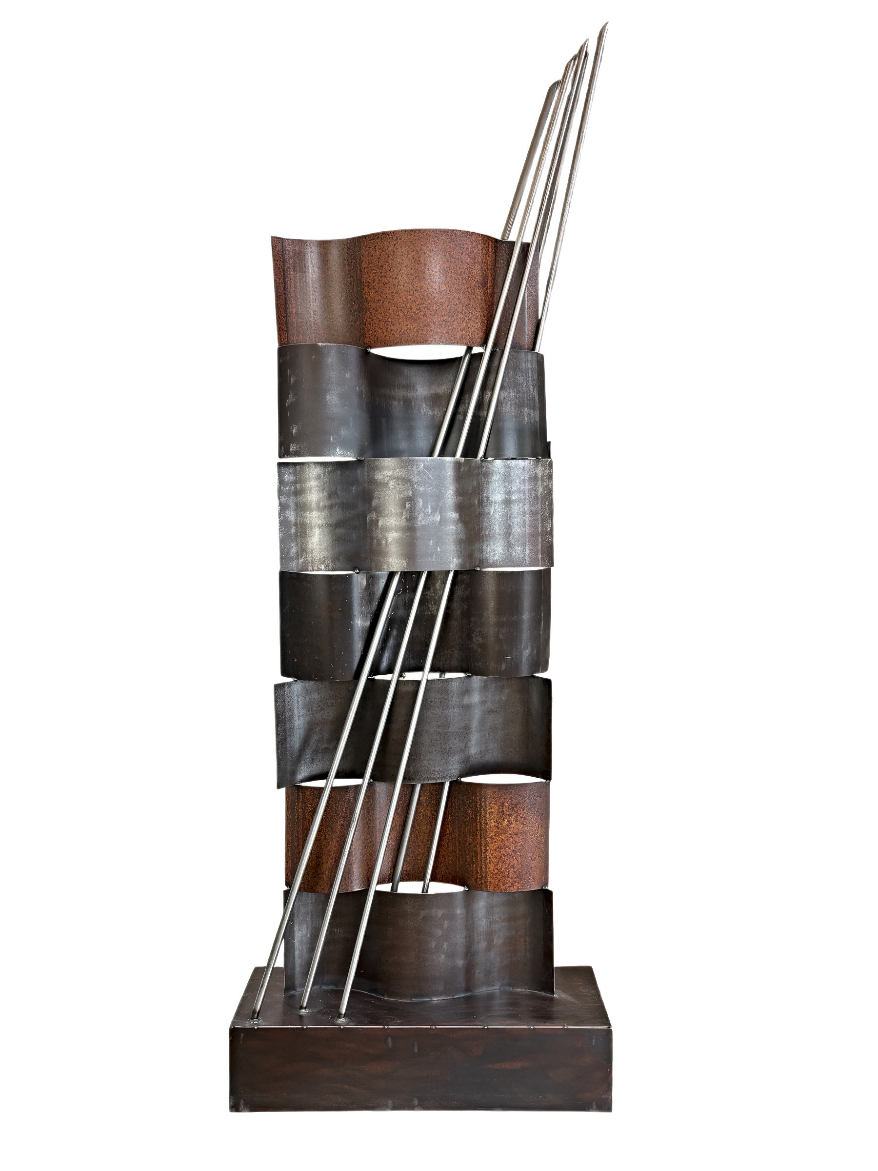 Light Waves, original reclaimed steel sculpture inspired by light filtering through gently lapping waves by Canadian metal artist Wendy Stone at Effusion Art Gallery in Invermere, BC. Can be installed indoors or outdoors.