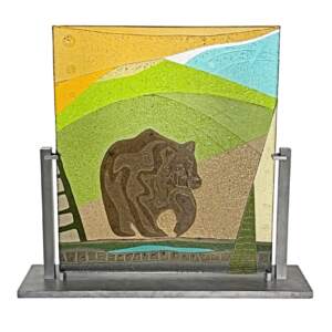 Lost in Thought, original cast glass panel featuring a bear by Canadian artist Heather Cuell at Effusion Art Gallery in Invermere, BC.