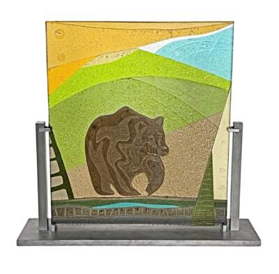 Lost in Thought, original cast glass panel  featuring a bear by Canadian artist Heather Cuell at Effusion Art Gallery in Invermere, BC.