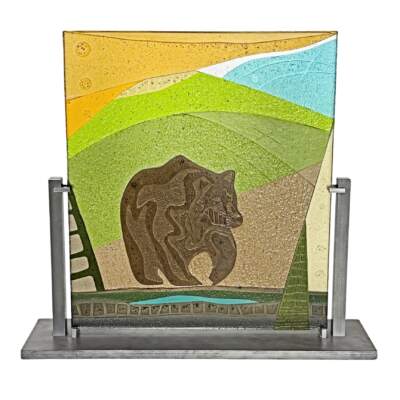 Lost in Thought, original cast glass panel featuring a bear by Canadian artist Heather Cuell at Effusion Art Gallery in Invermere, BC.