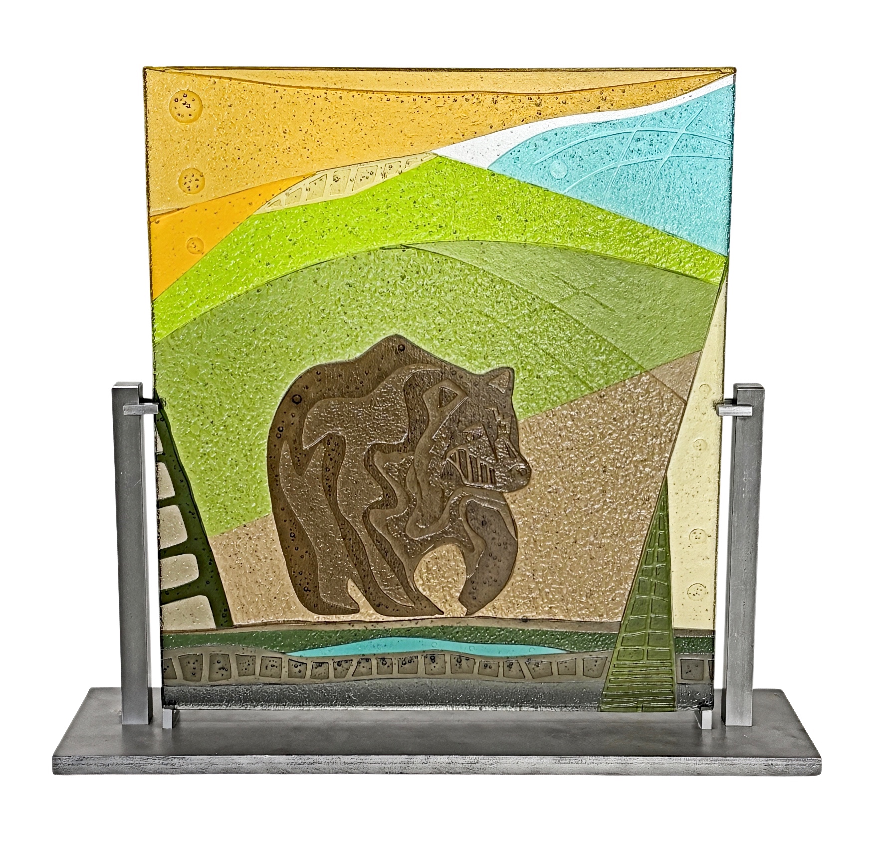 Lost in Thought, original cast glass panel  featuring a bear by Canadian artist Heather Cuell at Effusion Art Gallery in Invermere, BC.