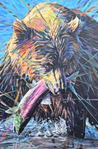 Catch of the Day, original acrylic grizzly bear and salmon painting by Canadian artist Keith Dalgleish at Effusion Art Gallery in Invermere, BC.