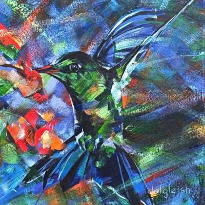 My Red Flowers, original acrylic hummingbird painting by Canadian artist Keith Dalgleish at Effusion Art Gallery in Invermere, BC.
