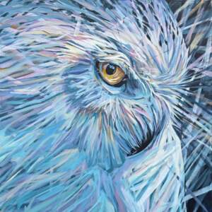 The Wise One, original acrylic snowy owl painting by Canadian artist Keith Dalgleish at Effusion Art Gallery in Invermere, BC.