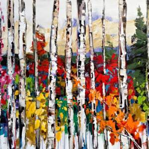 Where Seasons Know Their Place, original oil and copper leaf autumn tree painting by Canadian artist Kimberly Kiel at Effusion Art Gallery in Invermere, BC.