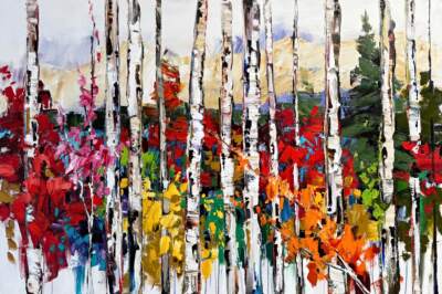 Where Seasons Know Their Place, original oil and copper leaf autumn tree painting by Canadian artist Kimberly Kiel at Effusion Art Gallery in Invermere, BC.