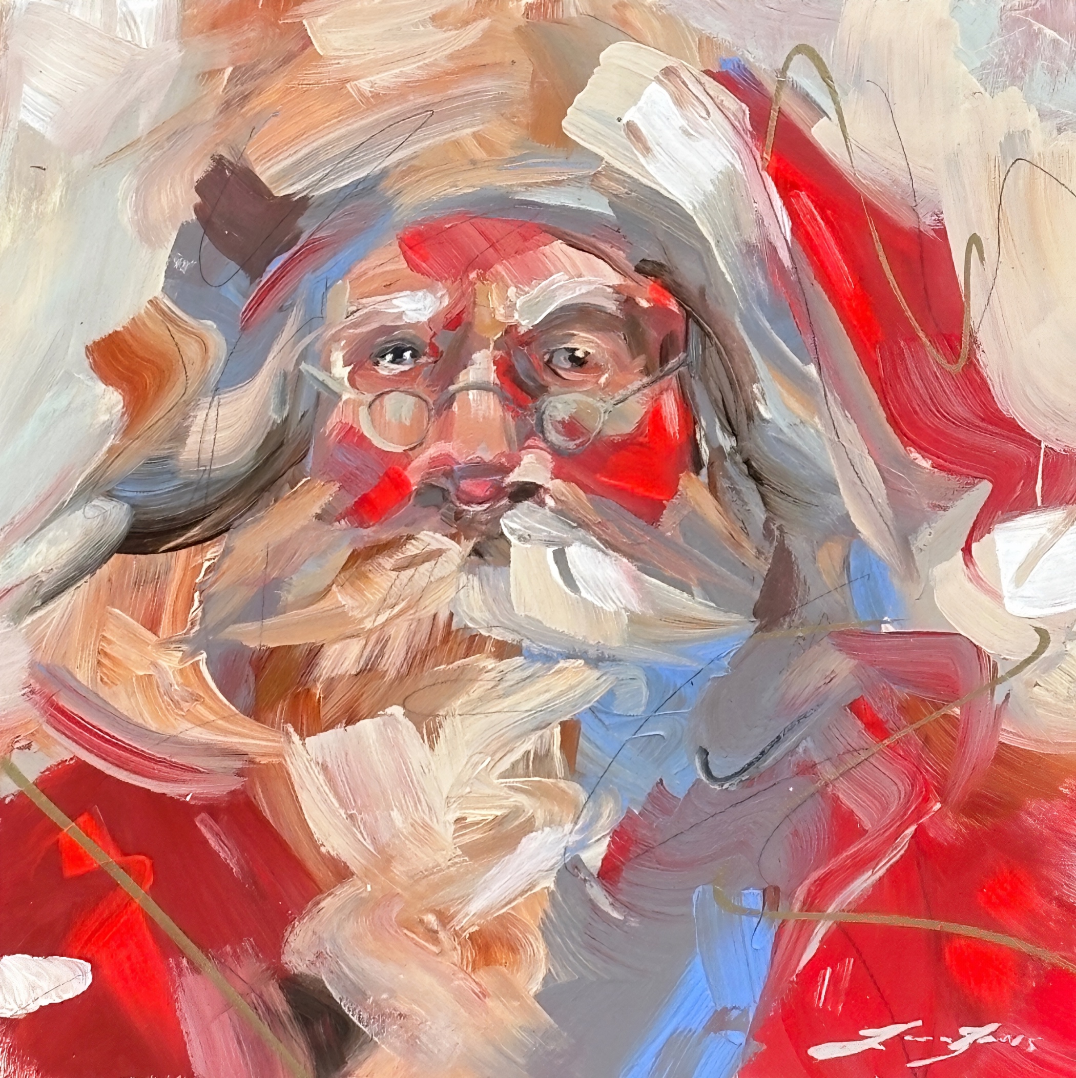 St. Nick, original acrylic vintage Santa painting by Canadian artist Laura Stevens at Effusion Art Gallery in Invermere, BC.