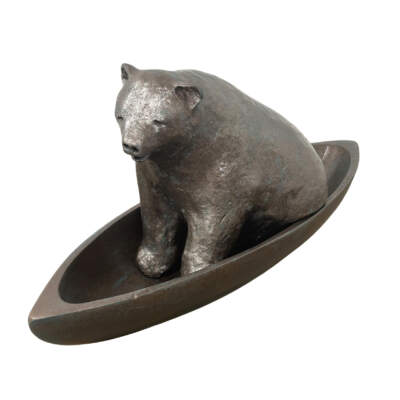 Canoe Bear, original mixed media sculpture of a cute bear sitting in a canoe by Canadian artist Karin Taylor at Effusion Art Gallery in Invermere, BC.