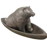 Canoe Bear, original mixed media sculpture of a cute bear sitting in a canoe by Canadian artist Karin Taylor at Effusion Art Gallery in Invermere, BC.