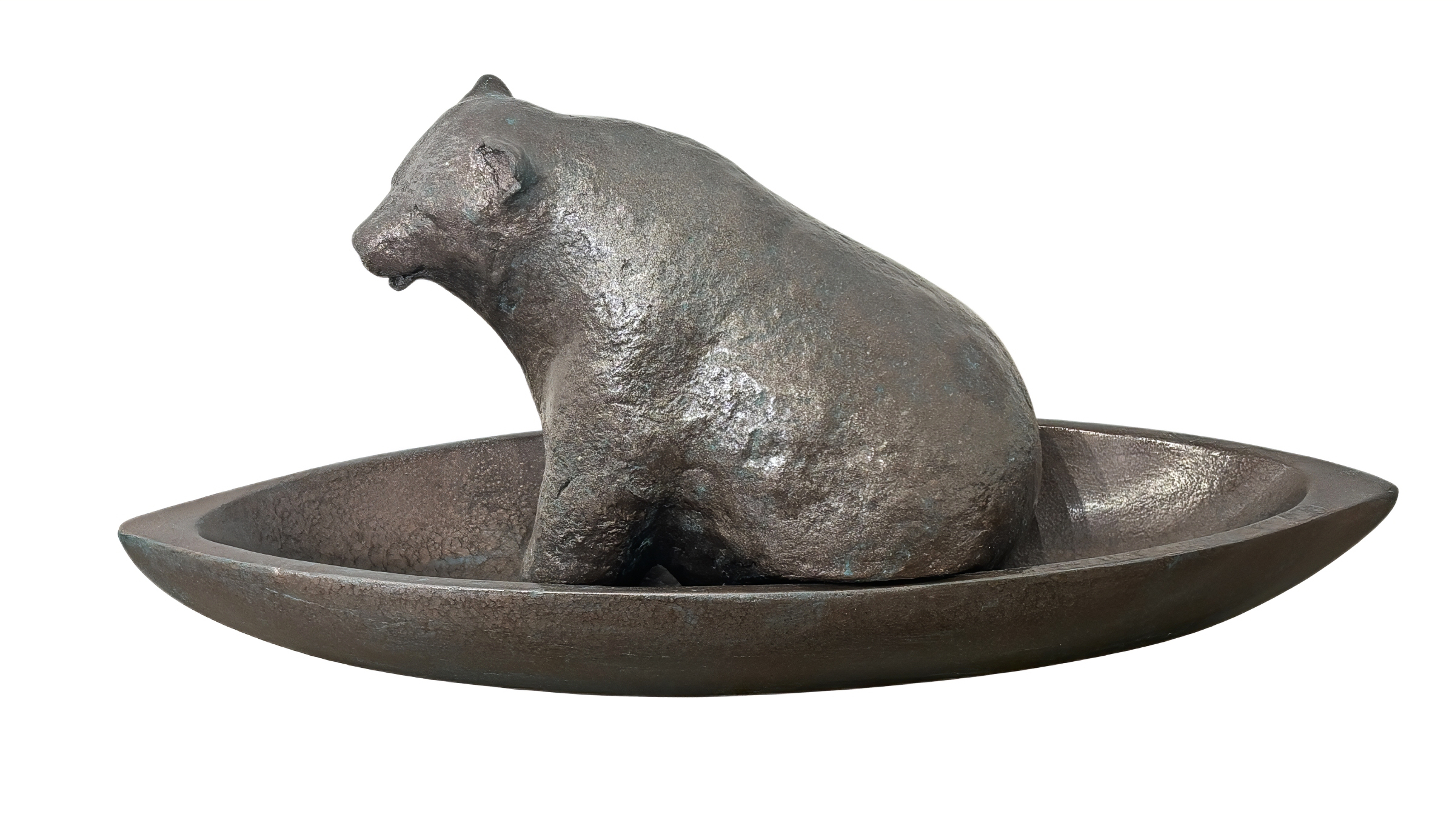 Canoe Bear, original mixed media sculpture of a cute bear sitting in a canoe by Canadian artist Karin Taylor at Effusion Art Gallery in Invermere, BC.