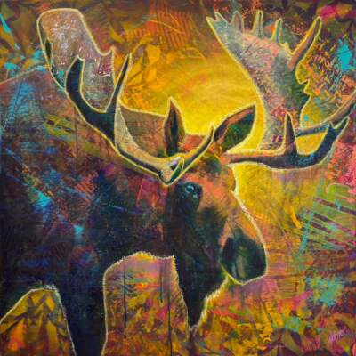 Marlon, original acrylic moose painting by Canadian artist John Webster at Effusion Art Gallery in Invermere, BC.