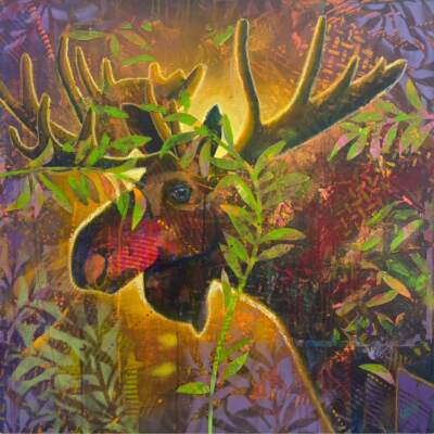 Maxwell, original acrylic moose painting by Canadian artist John Webster at Effusion Art Gallery in Invermere, BC.