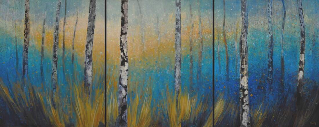 The painting New Growth is inspired by vegetation growing after the Waterton wildfire in 2017. While much of the park was burned, the next year there was fresh growth throughout the park.