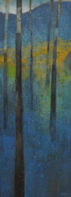 Dreaming in Blue, original acrylic autumn tree painting by Canadian artist Diana Zasadny at Effusion Art Gallery in Invermere, BC.