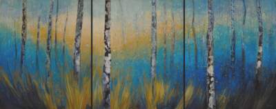 New Growth, original acrylic spring birch tree painting by Canadian artist Diana Zasadny at Effusion Art Gallery in Invermere, BC.