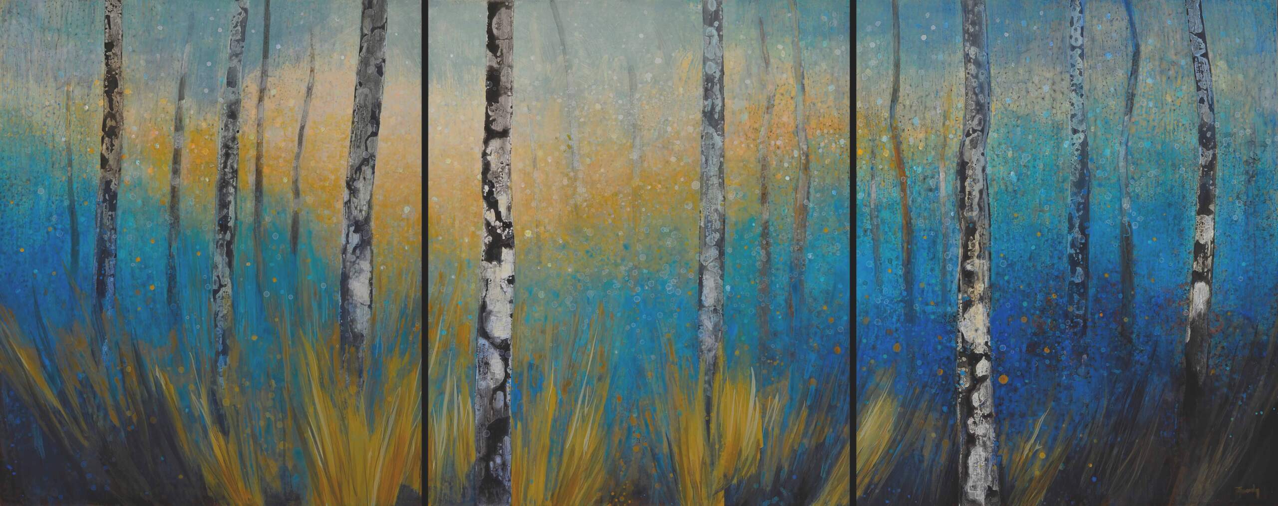 New Growth, original acrylic spring birch tree painting by Canadian artist Diana Zasadny at Effusion Art Gallery in Invermere, BC.