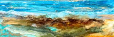 A Breath of Calm, original alcohol ink abstract mountain landscape painting by Canadian artist Paulina Tokarski at Effusion Art Gallery in Invermere, BC.
