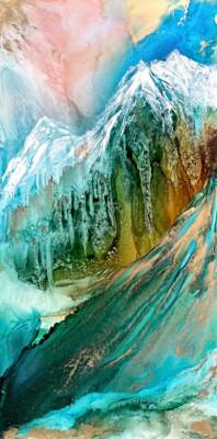 Gravity Holds, original alcohol ink abstract mountain sunset landscape painting by Canadian artist Paulina Tokarski at Effusion Art Gallery in Invermere, BC.