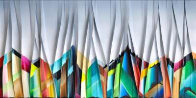 Chant de la montagne, original 3-D mixed media abstract mountain painting by Canadian artist Melanie Giguere at Effusion Art Gallery in Invermere, BC.