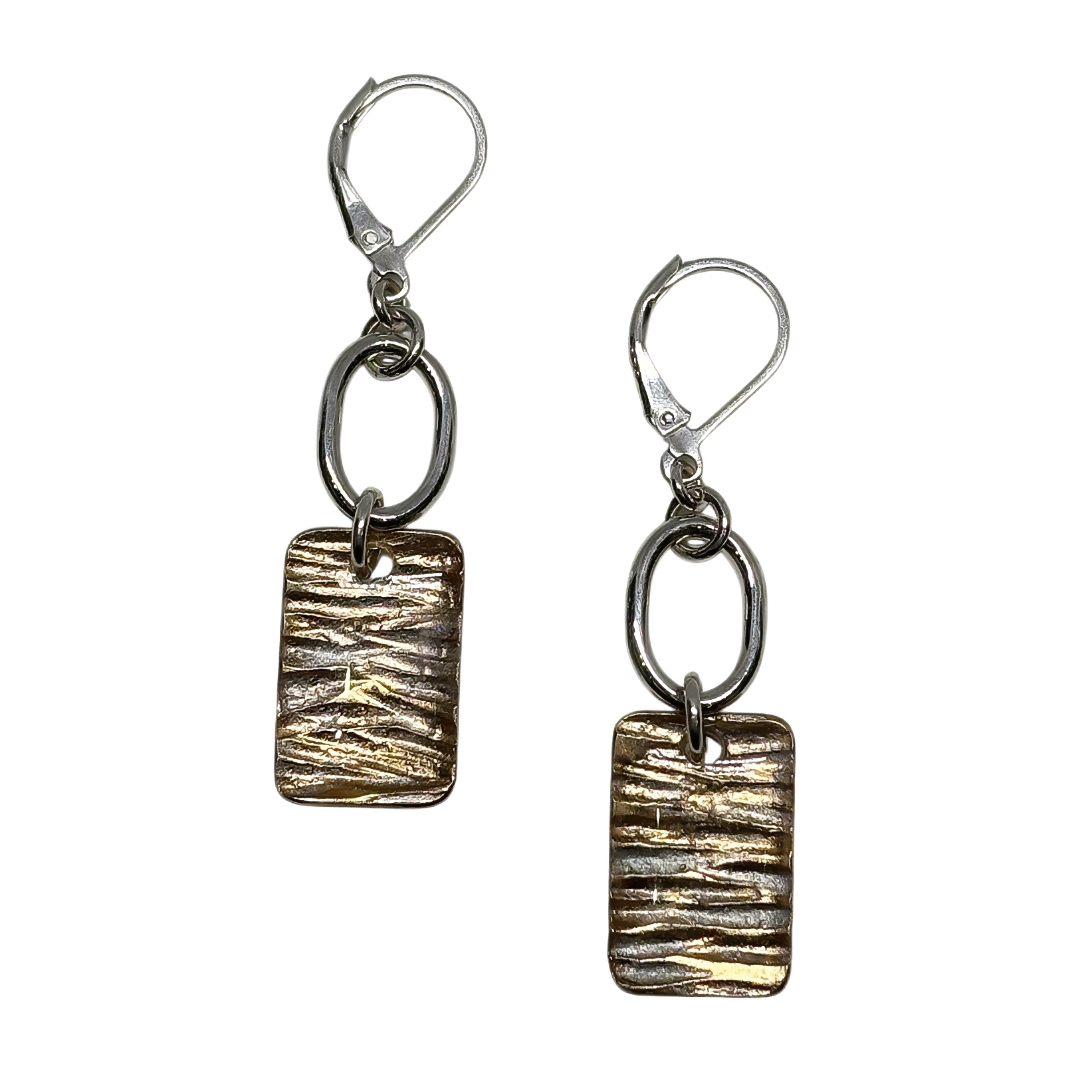 Handmade sterling silver and pearlized bronze earrings by Canadian jewelry artist Karyn Chopik at Effusion Art Gallery in Invermere, BC.