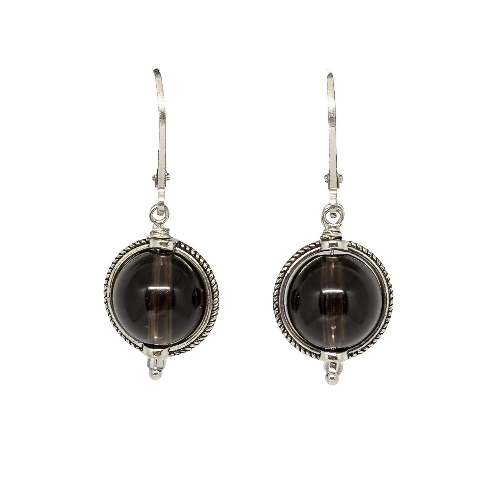 Handmade sterling silver and brown quartz earrings by Canadian jewelry artist Karyn Chopik at Effusion Art Gallery in Invermere, BC.