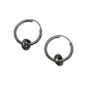 Handmade sterling silver hoop earrings with removable oxidized silver charm by Canadian artist Karyn Chopik at Effusion Art Gallery in Invermere, BC.