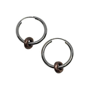 Handmade sterling silver hoop earrings with removable copper charm by Canadian artist Karyn Chopik at Effusion Art Gallery in Invermere, BC.