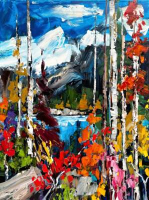 Iconic Images of the Rockies - Jasper, original oil landscape painting of Jasper National Park by Canadian artist Kimberly Kiel at Effusion Art Gallery in Invermere, BC.
