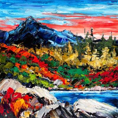 When the River is the First Thing to Say Hello, original oil mountain sunset landscape painting by Canadian artist Kimberly Kiel at Effusion Art Gallery in Invermere, BC.