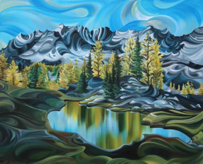 Purcell Mountains, original acrylic local landscape painting by Canadian artist Tess Paul at Effusion Art Gallery in Invermere, BC.