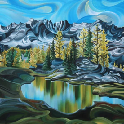 Purcell Mountains, original acrylic local landscape painting by Canadian artist Tess Paul at Effusion Art Gallery in Invermere, BC.