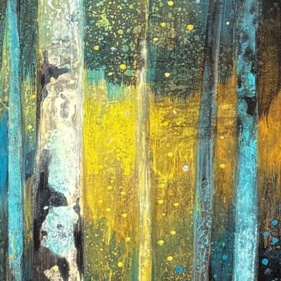 Twilight Blue, original acrylic birch tree painting by Canadian artist Diana Zasadny at Effusion Art Gallery in Invermere, BC.