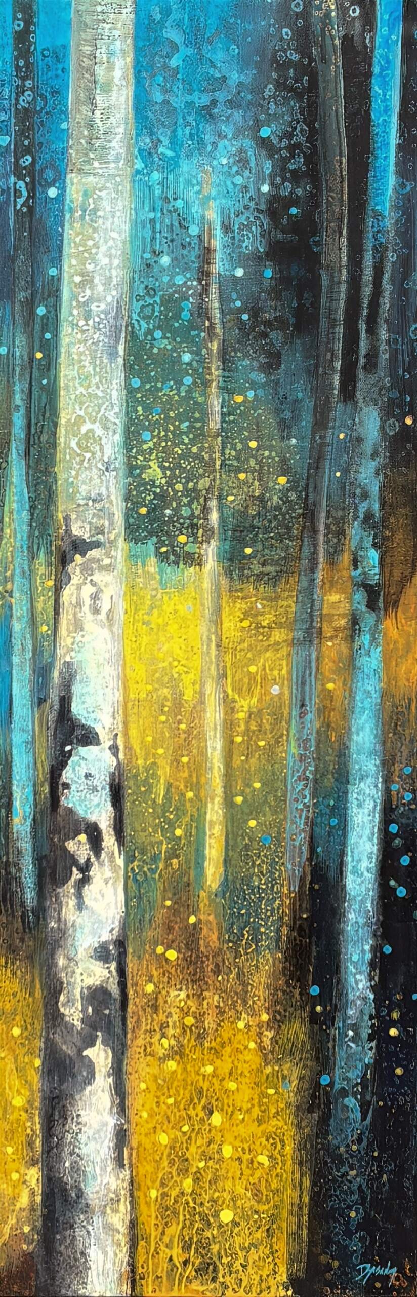 Twilight Blue, original acrylic birch tree painting by Canadian artist Diana Zasadny at Effusion Art Gallery in Invermere, BC.