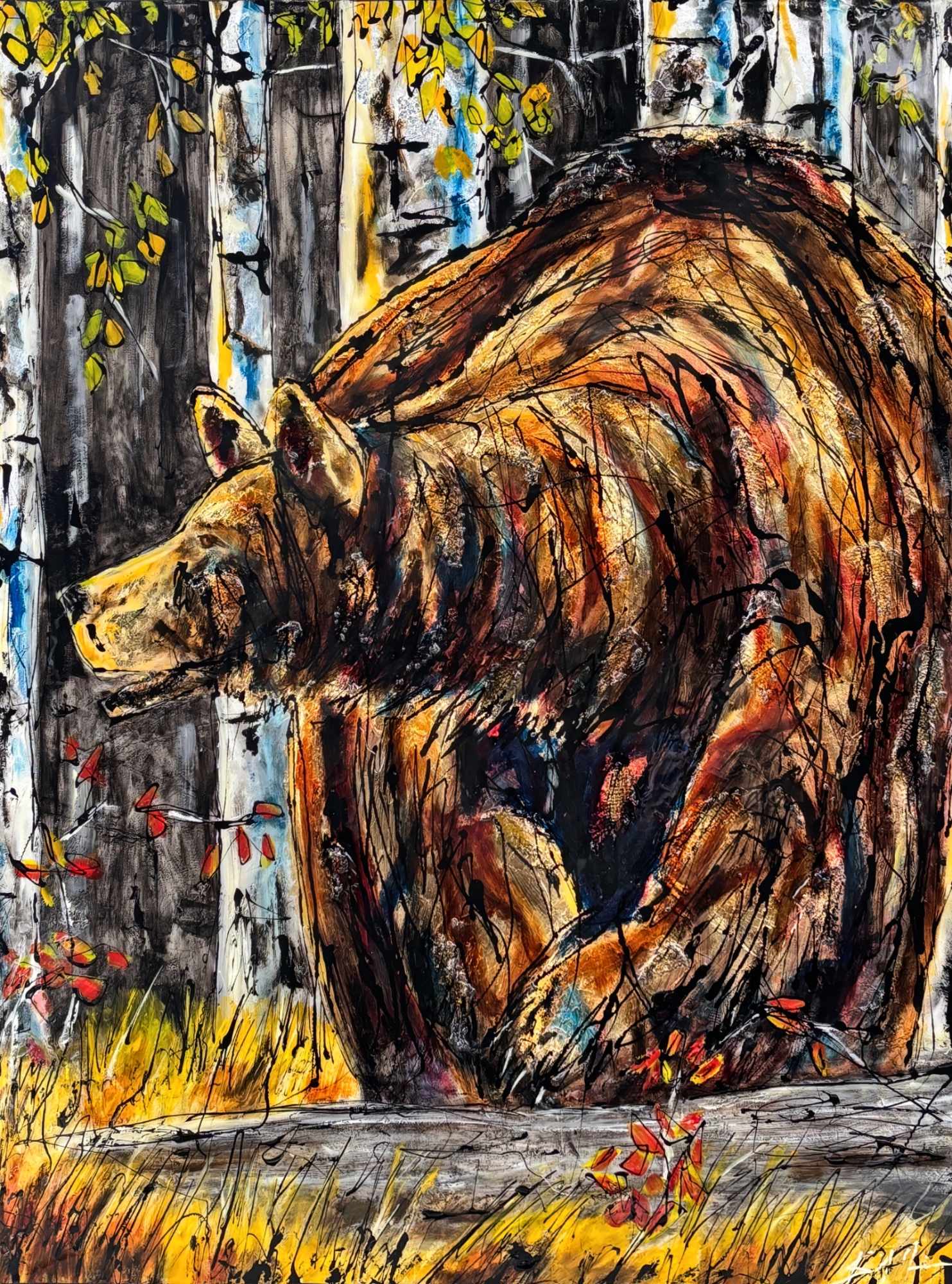 Drop in the Sea, original mixed media grizzly bear painting by Canadian artist David Zimmerman at Effusion Art Gallery in Invermere, BC.