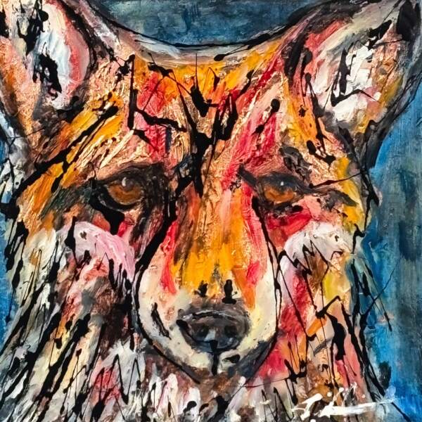 Staying on Point, original mixed media fox painting by Canadian artist David Zimmerman at Effusion Art Gallery in Invermere, BC.