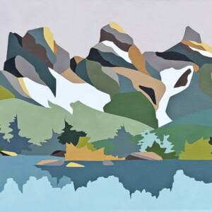 Sisterhood, original acrylic landscape painting of the Three Sisters mountains in Canmore, Alberta by Canadian artist Michelle Barkway at Effusion Art Gallery in Invermere, BC.