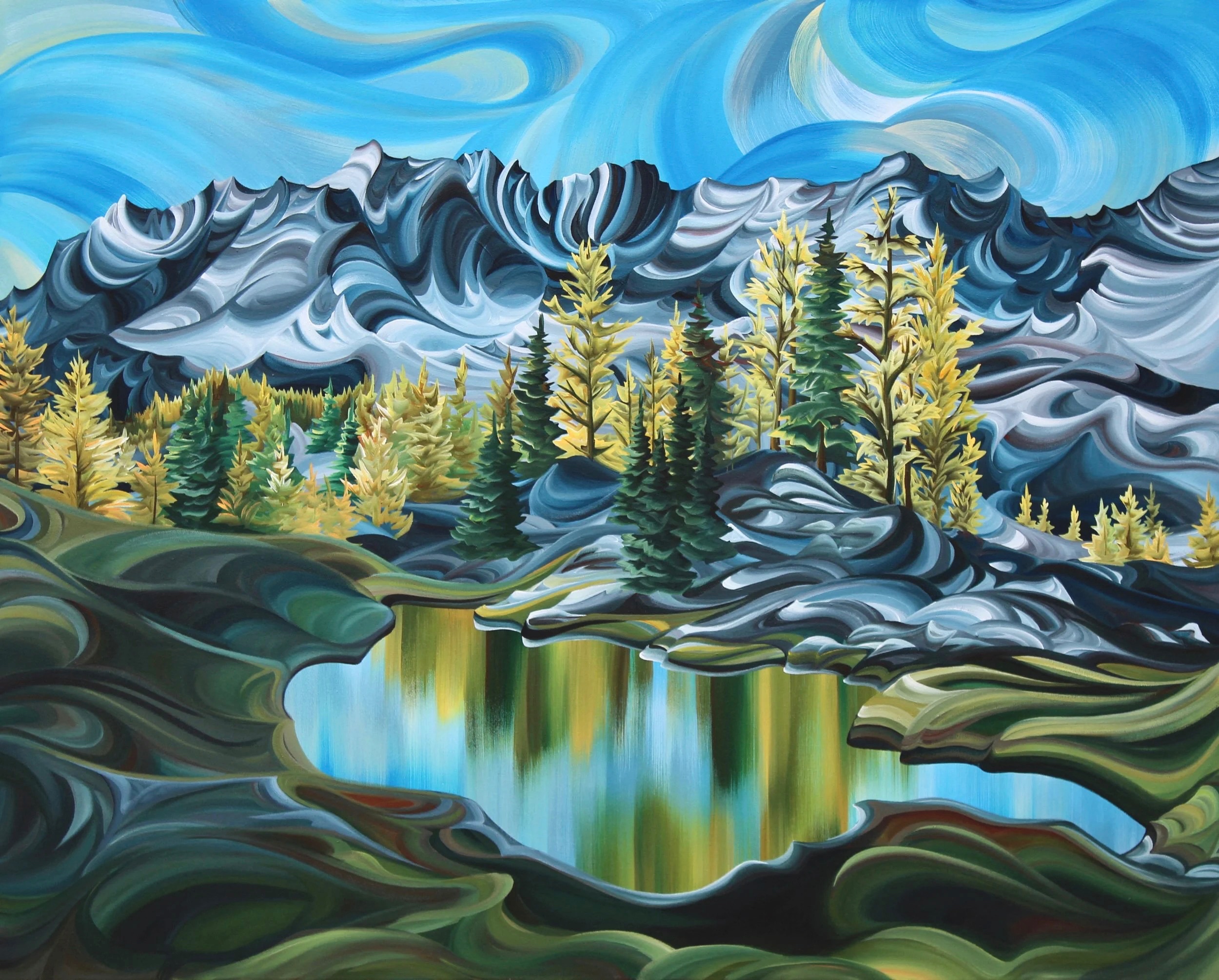 Purcell Mountains, original acrylic local landscape painting of the BC Purcell Mountains by Canadian artist Tess Paul at Effusion Art Gallery in Invermere, BC.