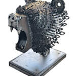 Trinket, original reclaimed steel bear head sculpture by Canadian metal artist Wendy Stone at Effusion Art Gallery in Invermere, BC.