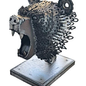 Trinket, original reclaimed steel bear head sculpture by Canadian metal artist Wendy Stone at Effusion Art Gallery in Invermere, BC.