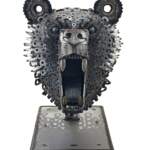 Trinket, original reclaimed steel bear head sculpture by Canadian metal artist Wendy Stone at Effusion Art Gallery in Invermere, BC.