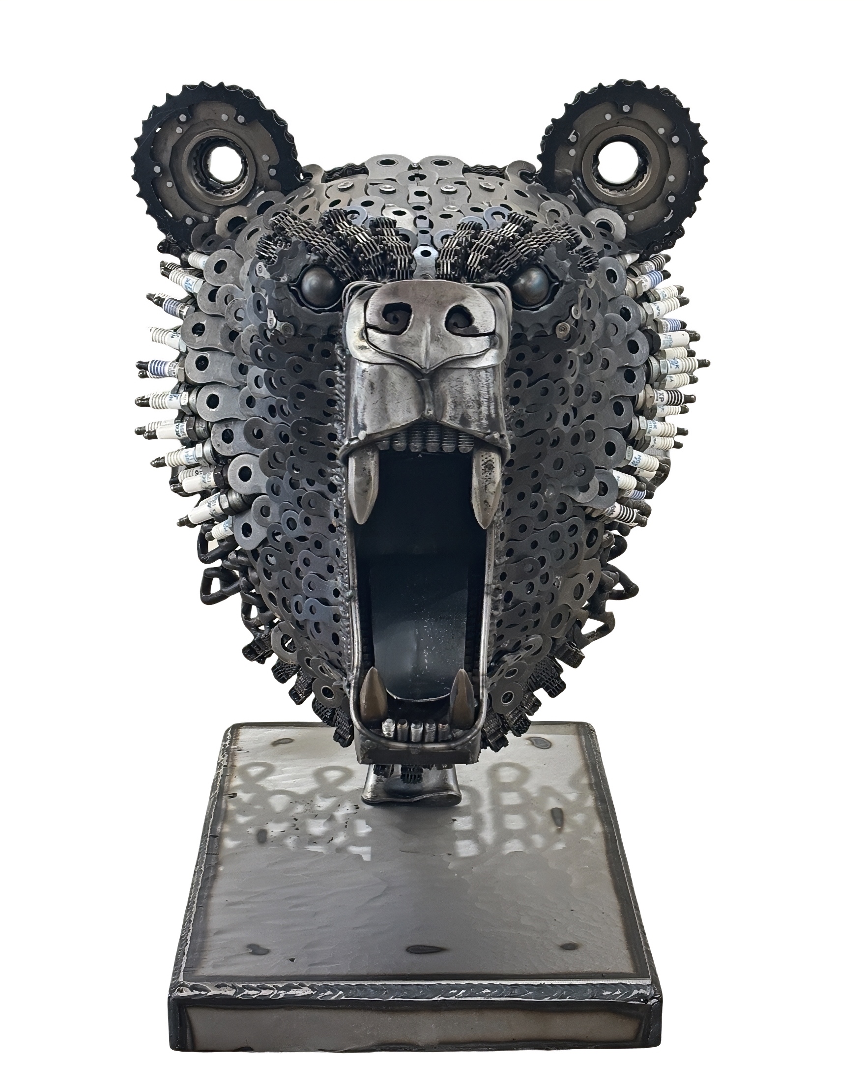 Trinket, original reclaimed steel bear head sculpture by Canadian metal artist Wendy Stone at Effusion Art Gallery in Invermere, BC.