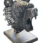 Trinket, original reclaimed steel bear head sculpture by Canadian metal artist Wendy Stone at Effusion Art Gallery in Invermere, BC.