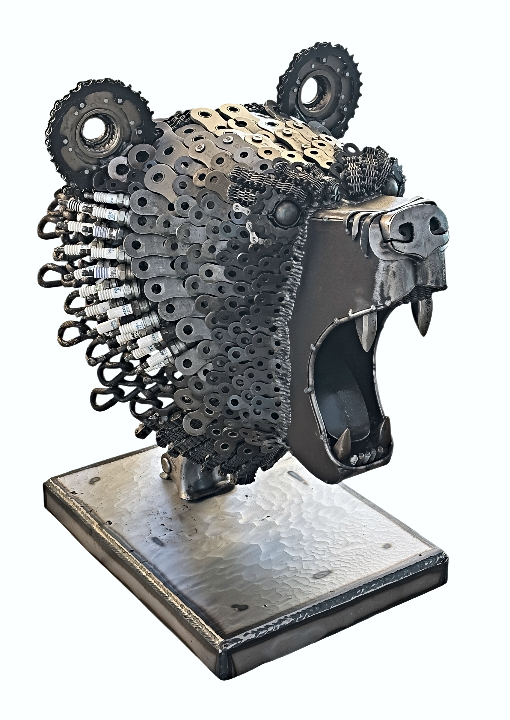 Trinket, original reclaimed steel bear head sculpture by Canadian metal artist Wendy Stone at Effusion Art Gallery in Invermere, BC.