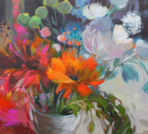 Forever Friends, original acrylic floral painting by Canadian artist Becky Holuk at Effusion Art Gallery in Invermere, BC.