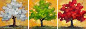 Spring, Summer, Fall, set of three original acrylic seasonal tree paintings by Canadian artist Connie Geerts at Effusion Art Gallery in Invermere, BC.