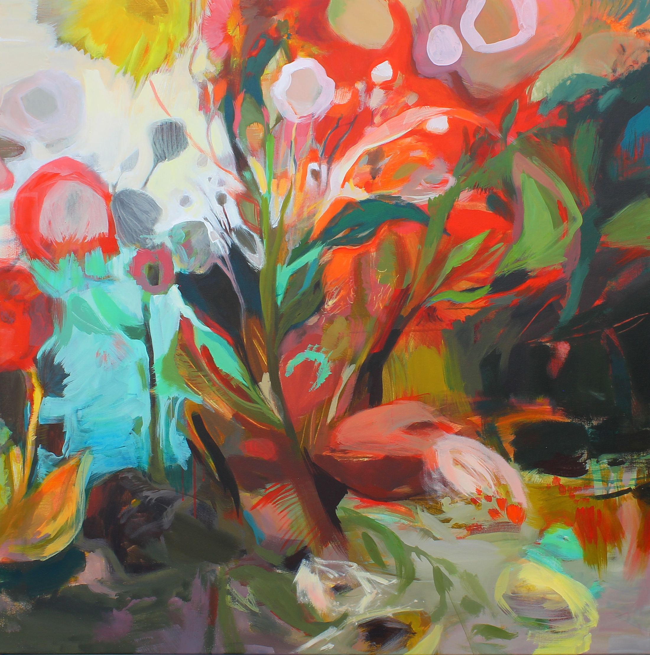 Greeting the Day, original acrylic floral painting by Canadian artist Becky Holuk at Effusion Art Gallery in Invermere, BC.