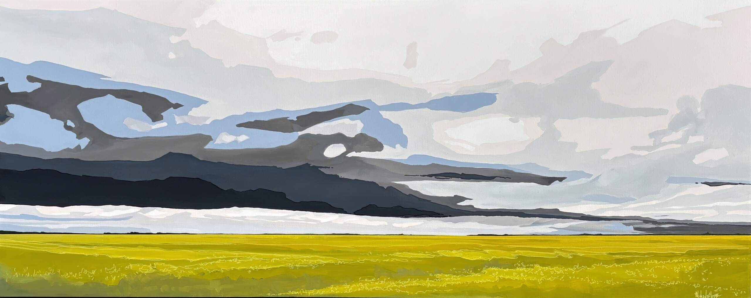 Rain on the Wide Horizon, original acrylic + marker prairie landscape painting by Canadian artist Michaela Hoppe at Effusion Art Gallery in Invermere, BC.